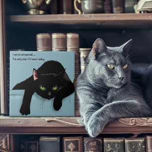 Black Cat Tired Blue Funny Ceramic Tile