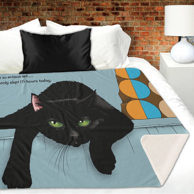 Black Cat Tired Blue Funny Sherpa Blanket (Creator Uploaded)
