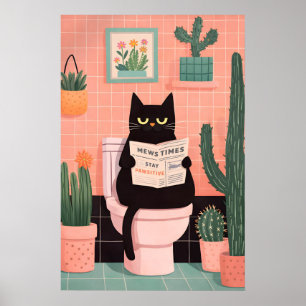 Black Cat Toilet Poster, Whimsical Bathroom Wall Poster