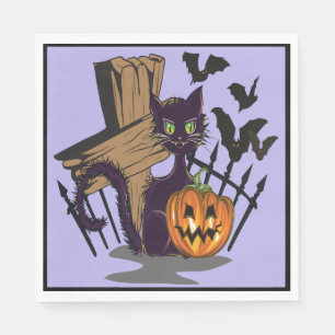 Black Cat Tombstone Black Bats Halloween Napkin