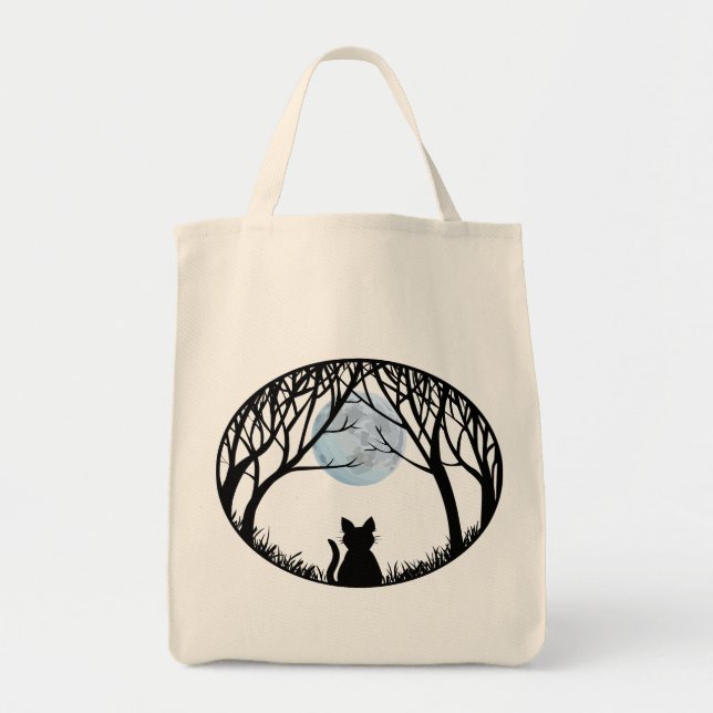 Black Cat Tote Bag Fat Cat Grocery Bag Halloween (Front)