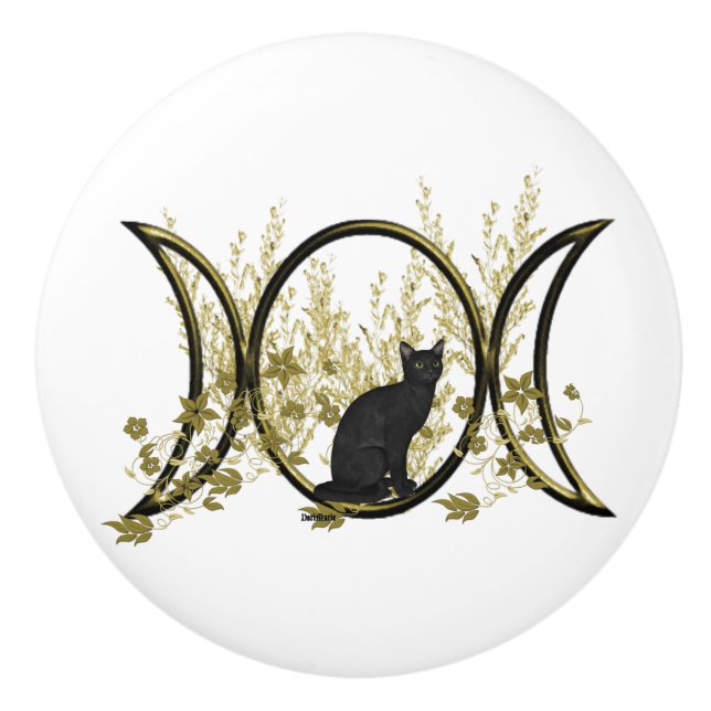 Black Cat Triple Moon Symbol Ceramic Knob (Front)