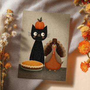 Black Cat, Turkey& Pumpkin Pie Cute Thanksgiving Postcard