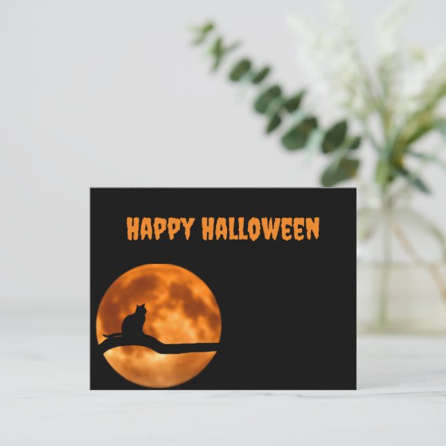 Black Cat Under Orange Moon Holiday Postcard (Standing Front)