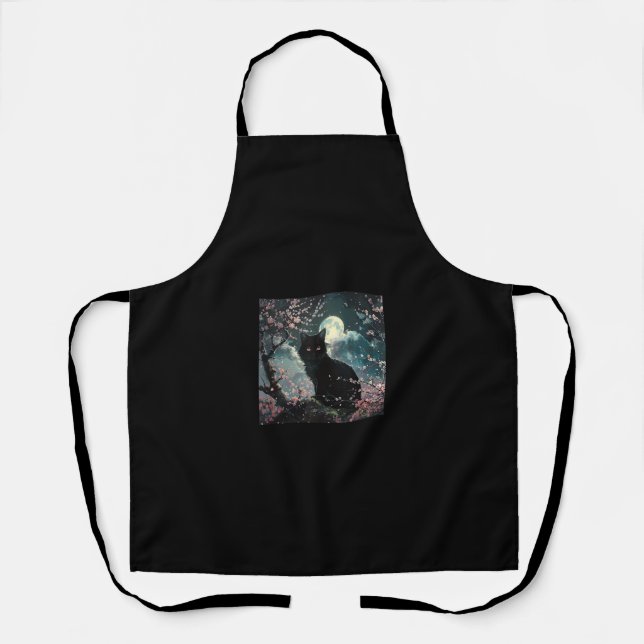 Black Cat Under Red Moon with Sakura Blossoms  Apron (Front)
