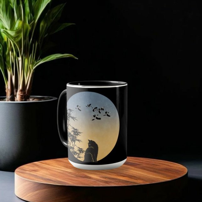   Black Cat Under Sky &Bamboo and bird- Art Mug (Creator Uploaded)