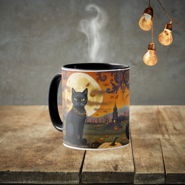 Black Cat Underneath a Harvest Moon and Pumpkins Mug (Black cat and harvest moon Halloween mug for your fall festivities and warm drinks. )