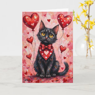 Black Cat Valentine Sitting with Hearts Red Card