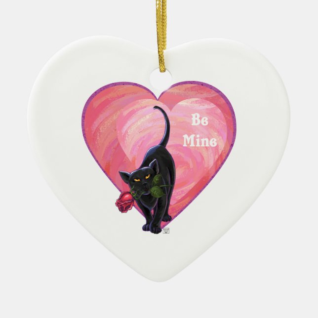 Black Cat Valentine's Day Ceramic Tree Decoration (Front)
