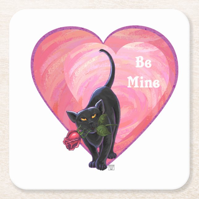 Black Cat Valentine's Day Square Paper Coaster (Front)