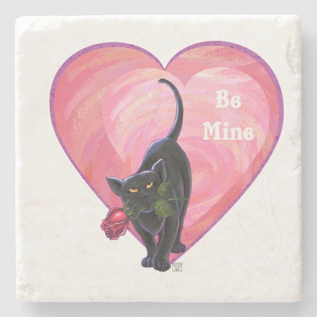 Black Cat Valentine's Day Stone Coaster (Front)