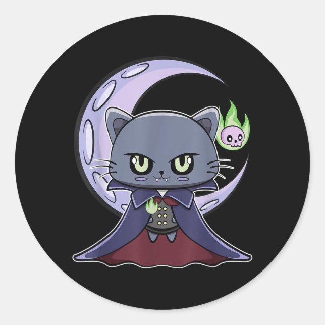 Black Cat Vampire Dracula And Magic Fire For Classic Round Sticker (Front)