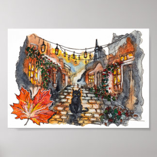 Black Cat Village Road Halloween Watercolor Poster