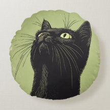 Black Cat Vintage Lino Print Round Cushion