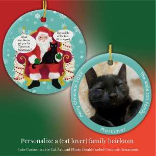 Black Cat Visits Santa with Hilarious Wish Photo Ornament