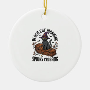 Black Cat Warning Vintage Halloween Witch Cat_1 Ceramic Ornament