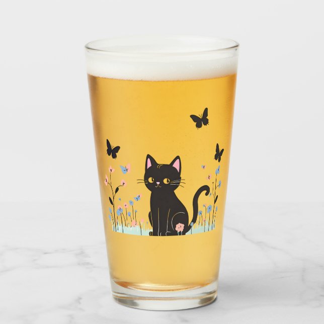 Black Cat Watching Butterflies Glass (Front Filled)
