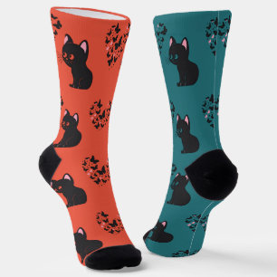 Black Cat Watching Butterflies Socks