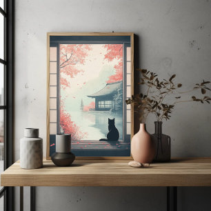Black Cat Watching Japanese Autumn Zen Scene Art Poster