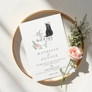 Black Cat Watercolor Pet Floral Pink Rose Wedding Invitation