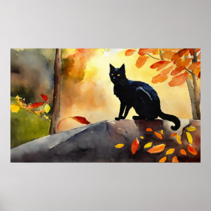 Black Cat Watercolor Wall Poster