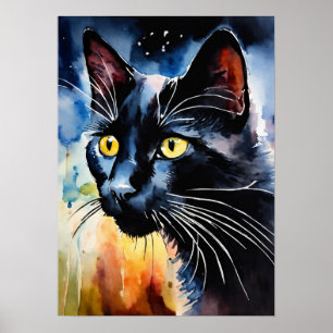 Black Cat Watercolor Wall Poster