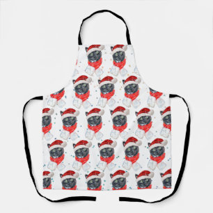 Black Cat Watercolor with Christmas Scarf Apron