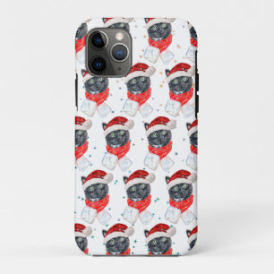 Black Cat Watercolor with Christmas Scarf iPhone 11 Pro Case