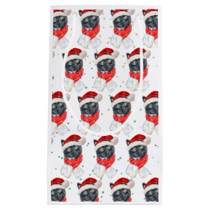 Black Cat Watercolor with Christmas Scarf Small Gift Bag
