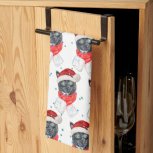 Black Cat Watercolor with Christmas Scarf Tea Towel