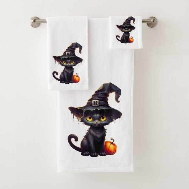 Black Cat wearing a Witches Hat Bath Towel Set (Insitu)