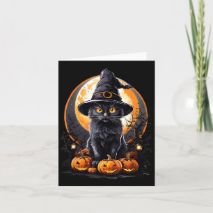 Black Cat Wearing A Witchs Hat Pumpskin Halloween Card