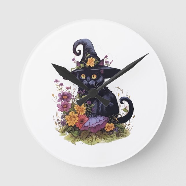 black cat wearing cowboy hat with flowers round clock (Front)