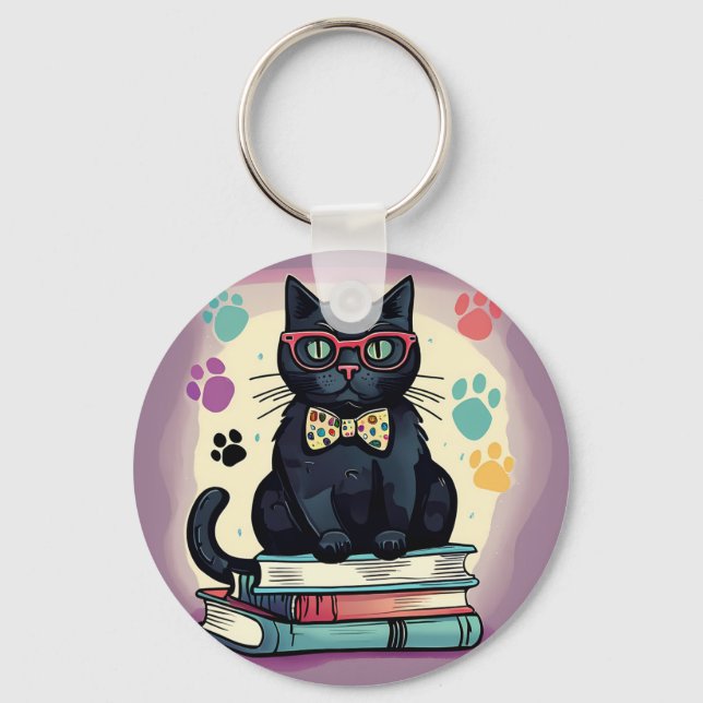 Black cat wearing glasses and a bow tie key ring (Front)