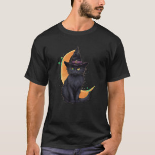 Black Cat Wearing Halloween Witch Hat Cat and Cres T-Shirt