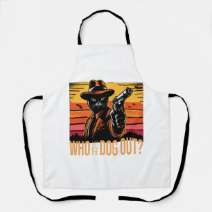 Black cat wearing orange suit who let the dogs out apron