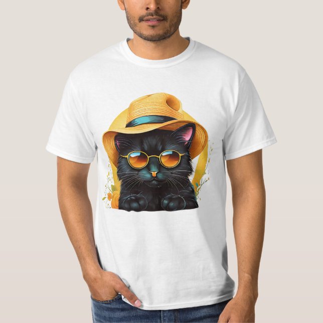 black cat wearing sunglasses and hat, funny cat T-Shirt (Front)