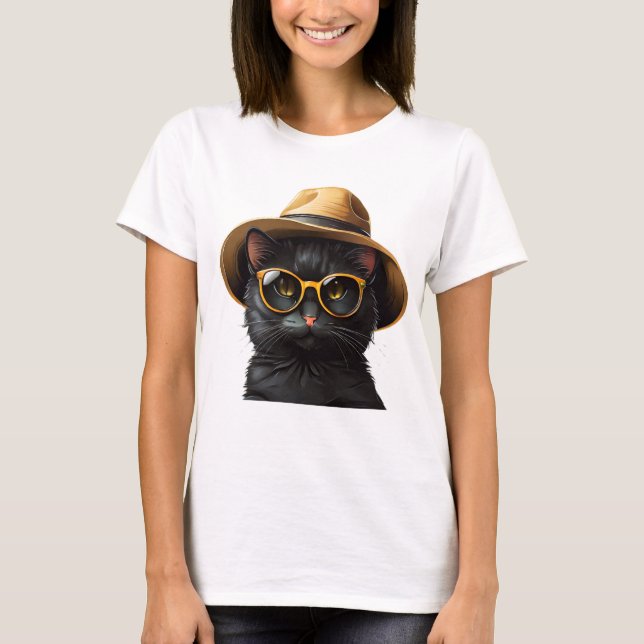black cat wearing sunglasses and hat, funny cat T-Shirt (Front)