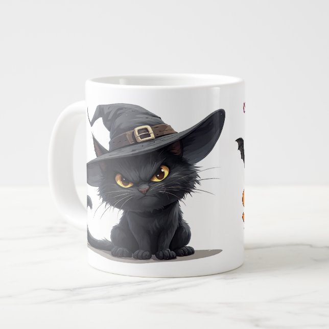 Black Cat Wearing Witch Hat With Halloween Magic  Large Coffee Mug (Front Left)