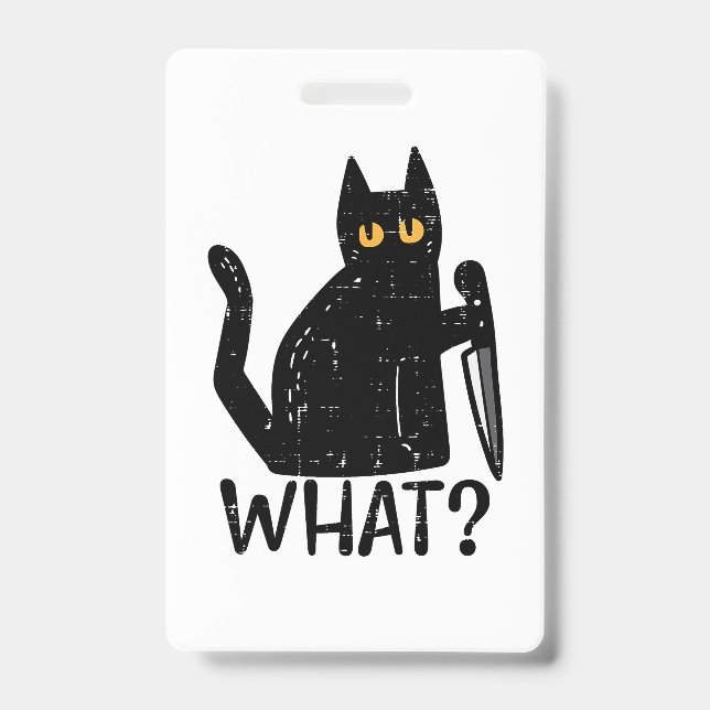 Black Cat What Knife Funny Murderous Halloween Pet ID Badge (Front)