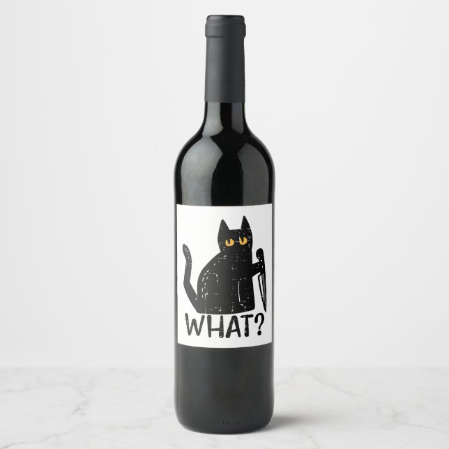 Black Cat What Knife Funny Murderous Halloween Pet Wine Label (Front)