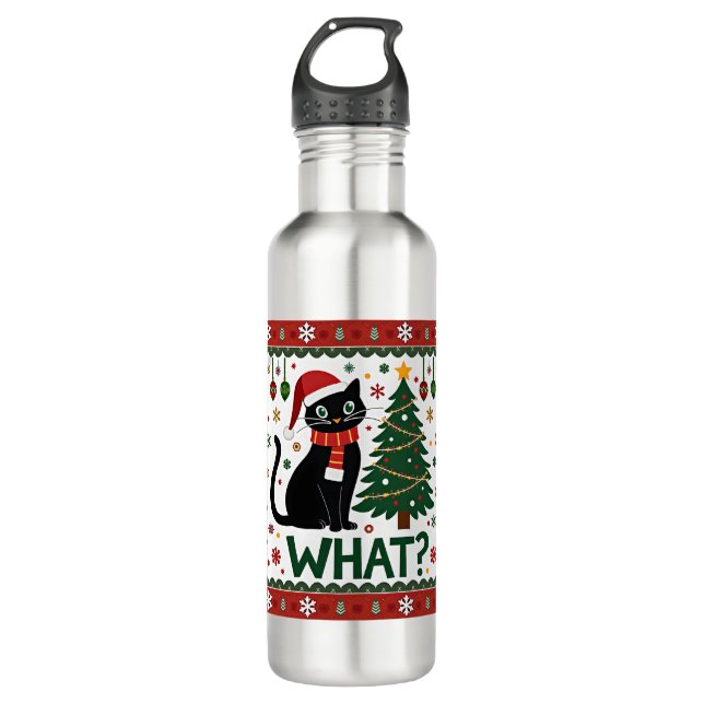 Black Cat What Pushing Christmas Tree Funny Cat Xm 710 Ml Water Bottle (Front)