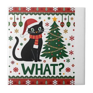 Black Cat What Pushing Christmas Tree Funny Cat Xm Ceramic Tile
