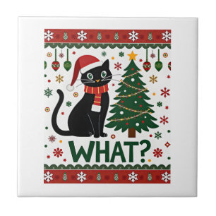 Black Cat What Pushing Christmas Tree Funny Cat Xm Ceramic Tile