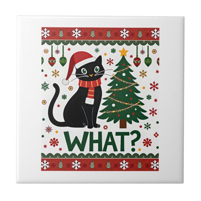 Black Cat What Pushing Christmas Tree Funny Cat Xm Ceramic Tile (Front)
