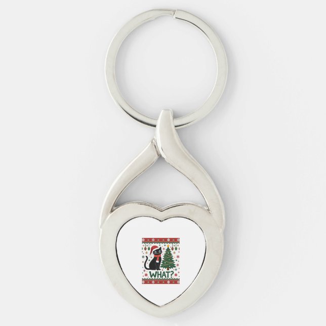Black Cat What Pushing Christmas Tree Funny Cat Xm Key Ring (Front)