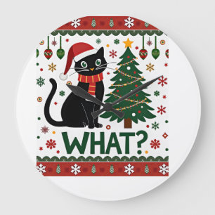 Black Cat What Pushing Christmas Tree Funny Cat Xm Large Clock