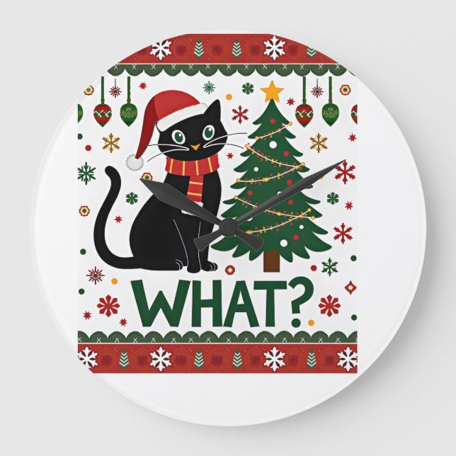 Black Cat What Pushing Christmas Tree Funny Cat Xm Large Clock (Front)
