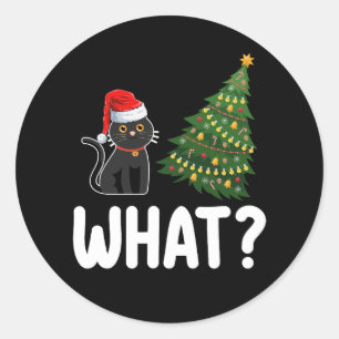 Black Cat What Pushing Christmas Tree Funny Classic Round Sticker