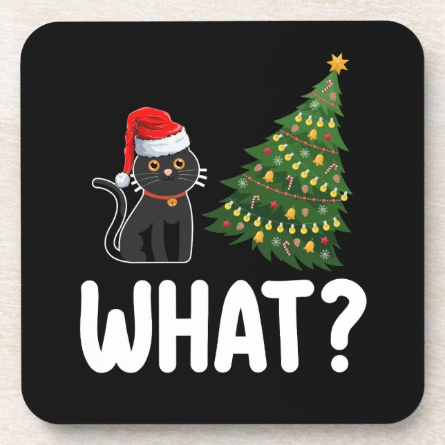 Black Cat What Pushing Christmas Tree Funny Coaster (Front)